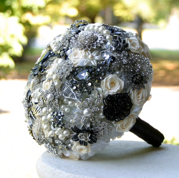 Vintage Wedding Bouquet. Brooch Black and white Bouquet. Deposit on Made to order heirloom bouquet - Bouquet of brooches