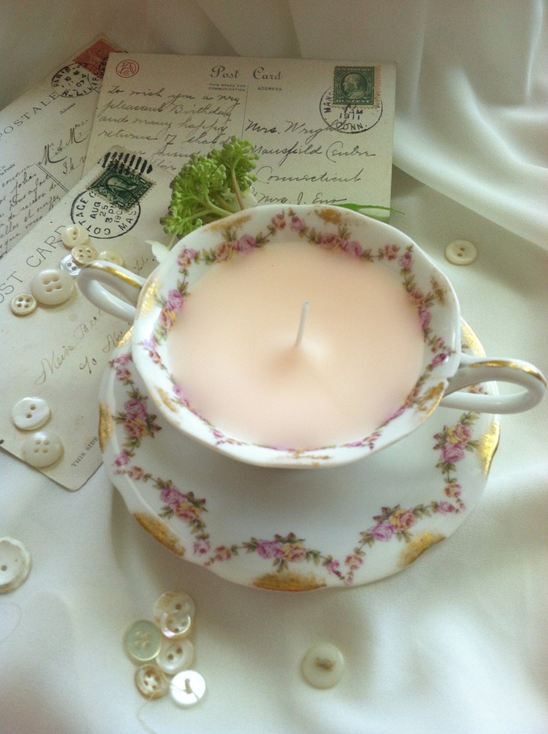 Footed Tea Cup Candle - Antique T&V Limoges Bouillon Cup and Saucer