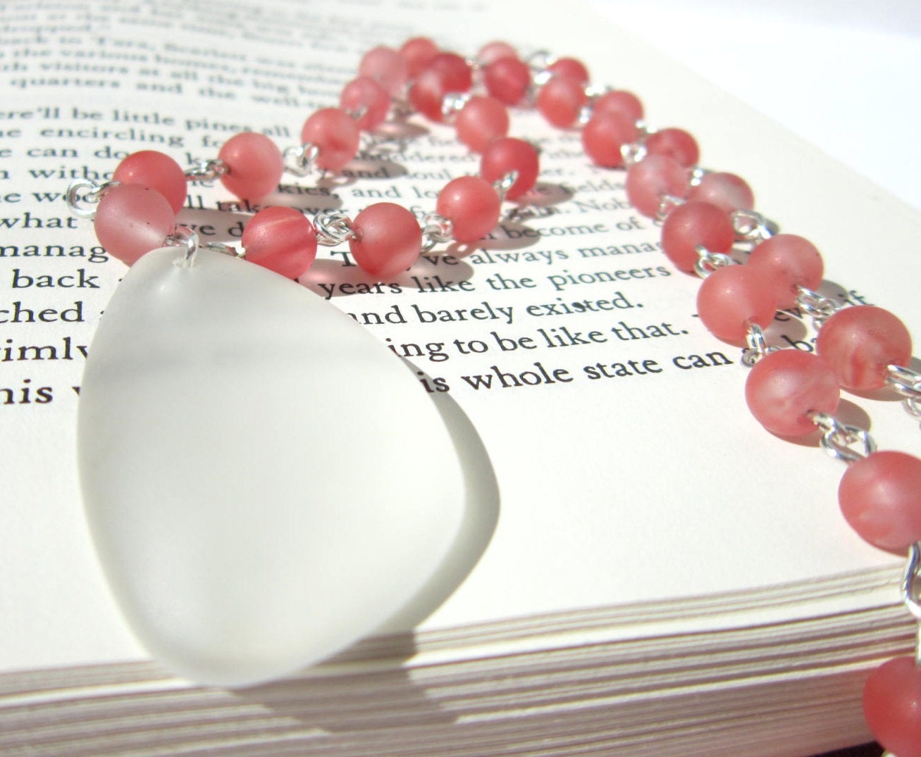 Strawberry Coral Pink Frosted Glass Necklace with White Frosted Glass Pendant - Simple, Stunning, Ocean Beach, For Her