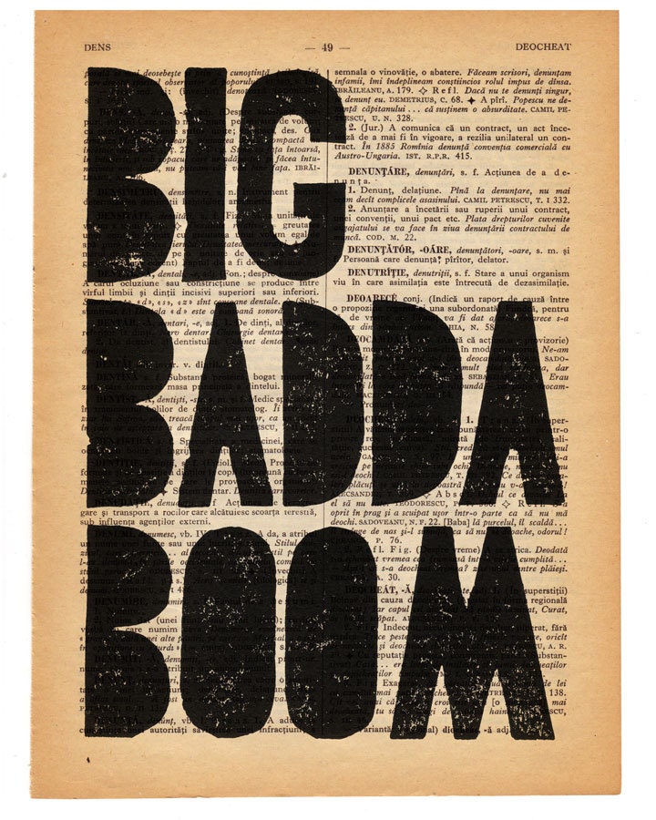 Big Badda Boom black on salvaged page book art print from original linocut design