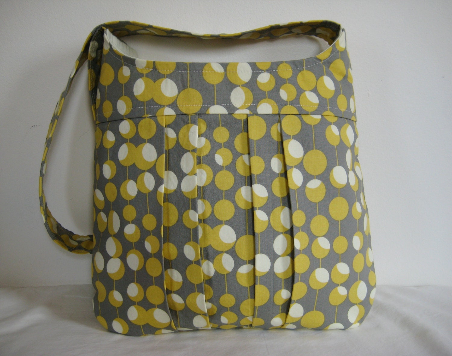 Cross Body Bag, Pleated Book Bag, Tote in Mustard and Grey Retro Dot print