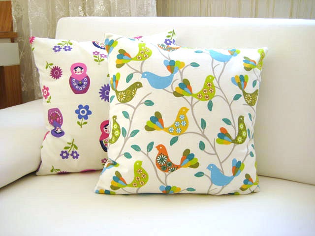 Spring Home Decor - Bird Print Pillow Cover - Linen Fabric Green Blue and Yellow Birds and Gray Tree Print - 18x18"
