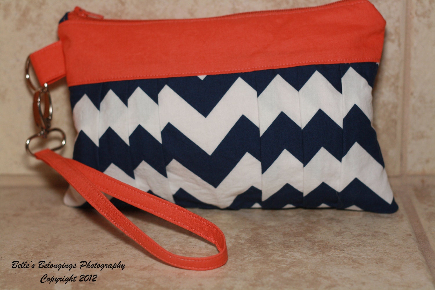 Large Pleated Zipper Wrislet-Navy Chevron with Coral Band