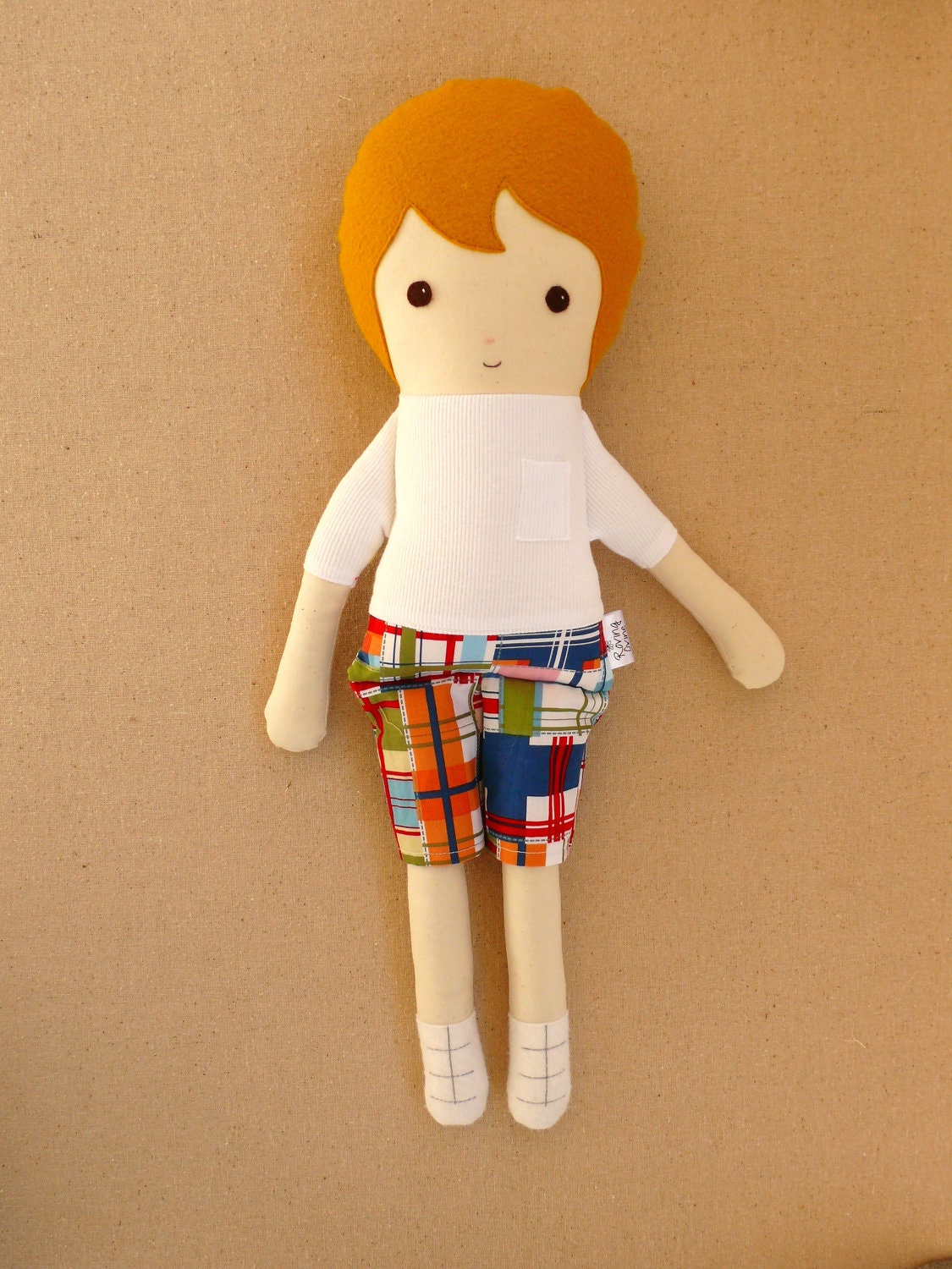 Fabric Doll Rag Doll Boy in Plaid Shorts