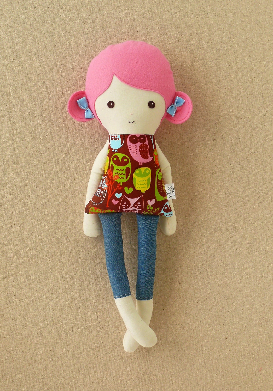Pink Haired Fabric Doll Rag Doll in Owl Print Dress
