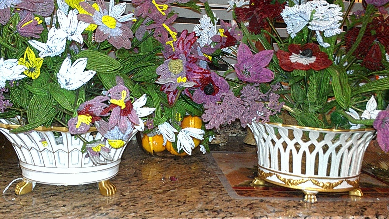 Vintage Glass Beads on Wire Flowers 2 Porcelain  Vases  Handmade