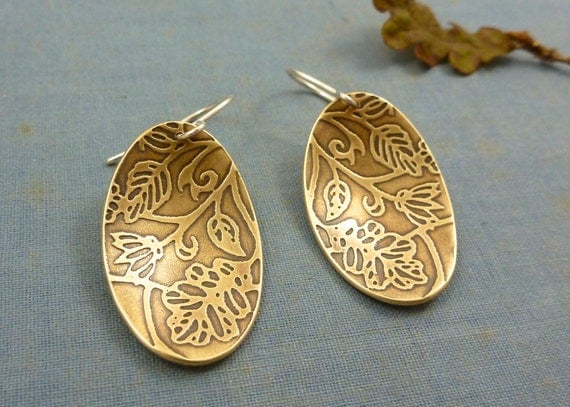 brass oak leaves and wild flowers - woodland earrings - sterling silver earwires - "Oak Creek" necklace