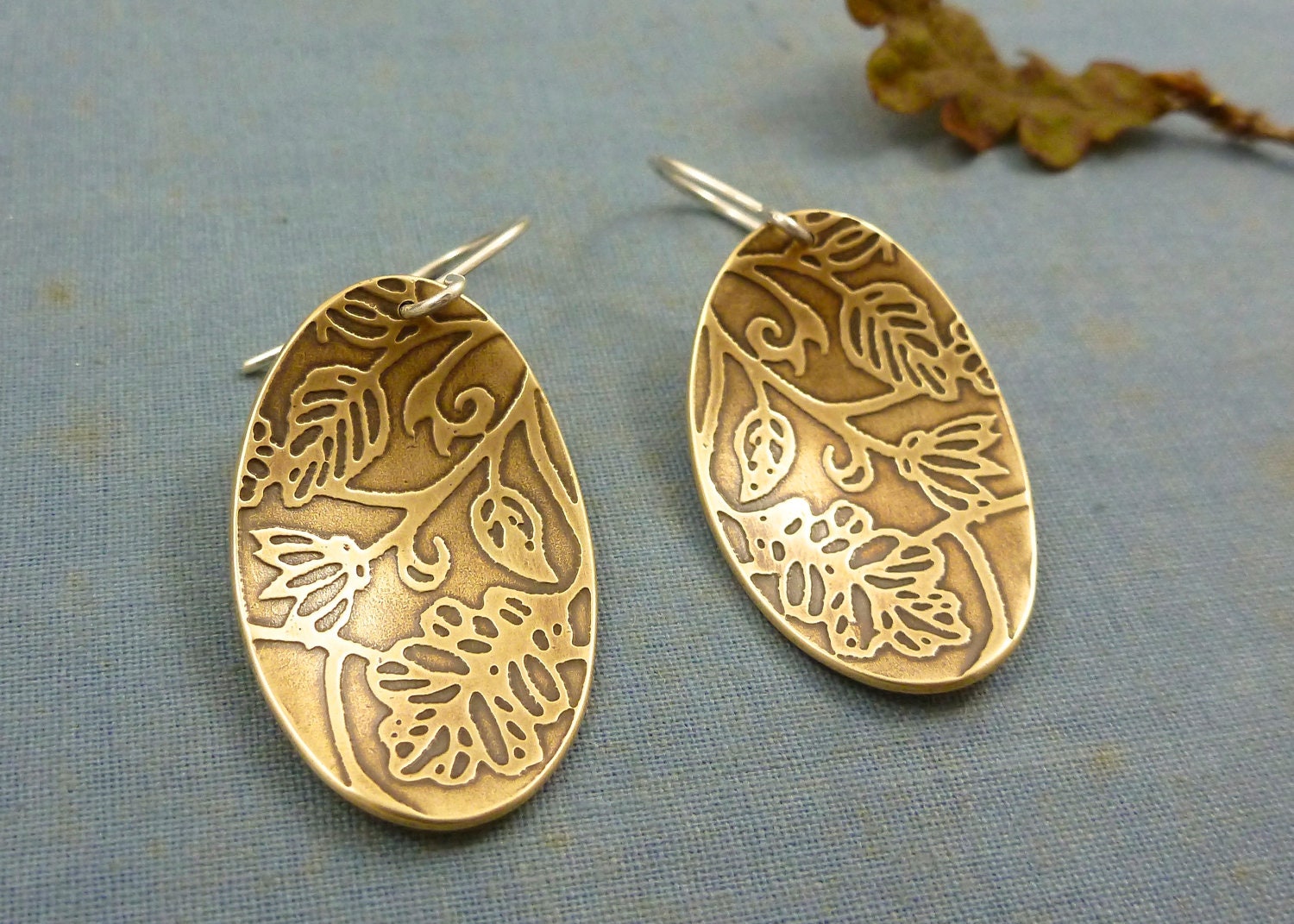 brass oak leaves and wild flowers - woodland earrings - sterling silver earwires - "Oak Creek" necklace
