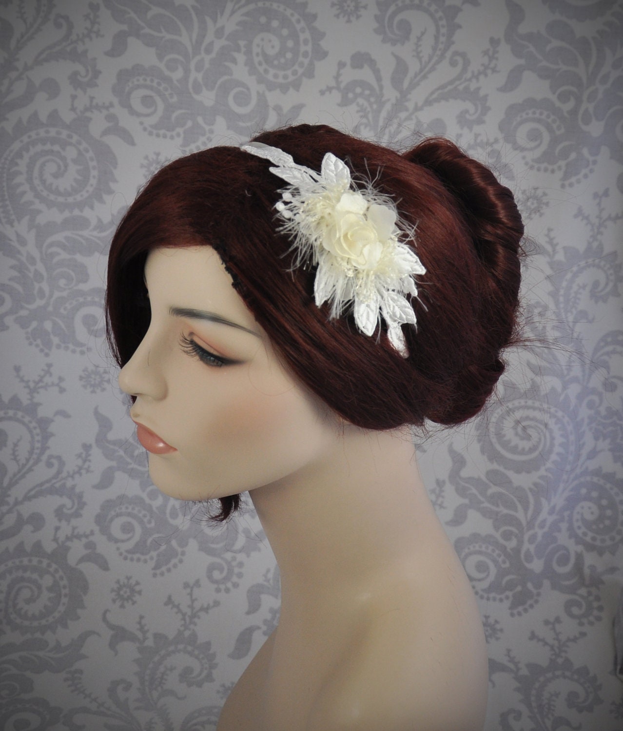 Flower Bridal Headband - Ivory or White, wedding headband, Satin Bridal headband with  lace leaves, and  organza flower