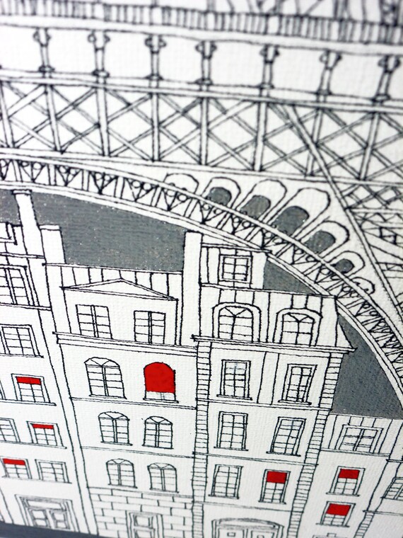RESERVED item - SHINY PARIS - Original acrylic painting on canvas board - Ready to hang,Eiffel tower,Silver,Unique,Paris decor,red,white