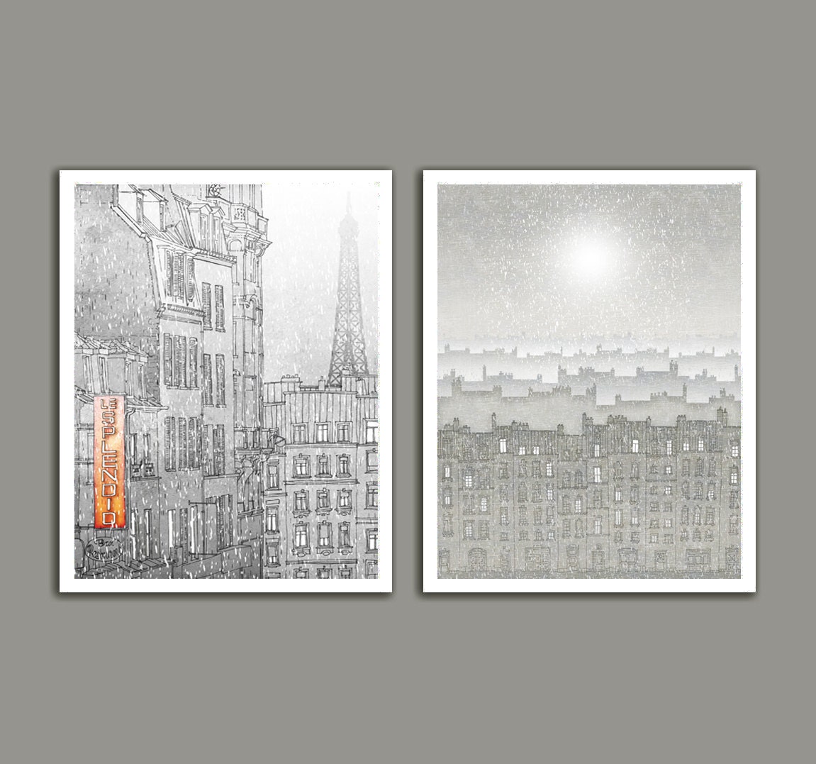 Illustration - Winter in Paris - Set of two illustrations - Fine art illustration,Art prints,Love Art Posters,Wall art,White,Snow