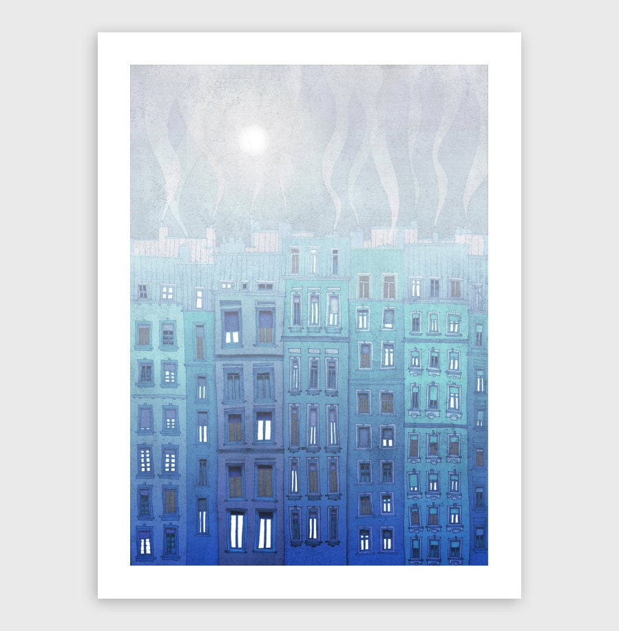 Foggy day in Paris - Paris illustration - Paris art illustration print - Paris decor -Love, light blue, white, Paris,France, French