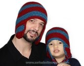 Father and Son Beanies Crochet Country Blue with Burgundy Stripes