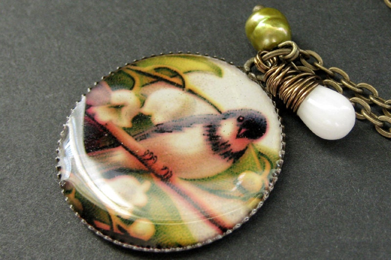 Bird Necklace. Song Bird Necklace with Olive Fresh Water Pearl and White Coral Teardrop. Handmade Jewelry.