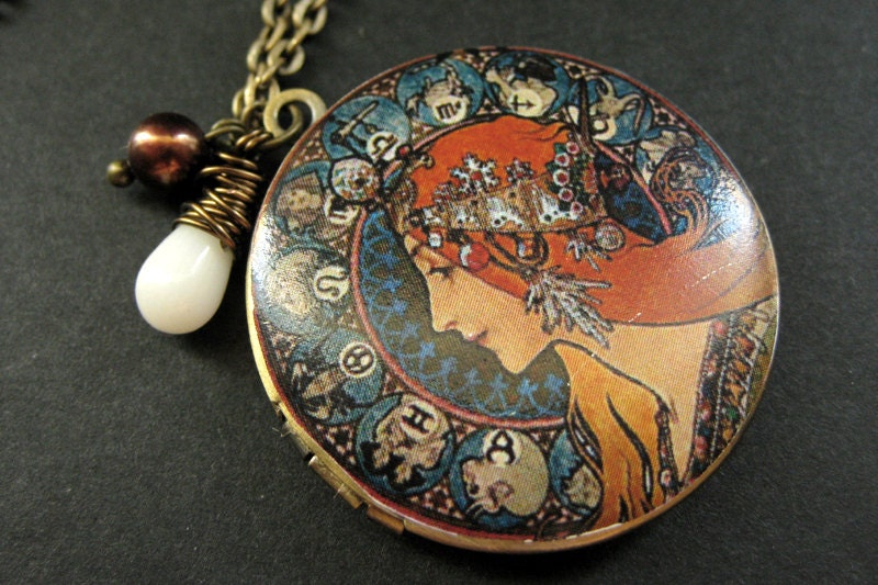 Alfonse Mucha Locket Necklace. Art Nouveau Necklace with White Coral and Brown Pearl. Handmade Jewelry.