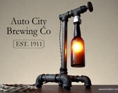 Industrial Brewery Lamp - Bottle Lighting - Steampunk Fixture - Faucet Switch - Table Lamp Furniture - Bar Decor
