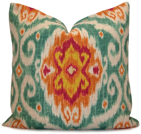 Iman Ubud Sunstone Ikat Pillow Cover in Turquoise, Orange, Magenta - Throw Pillow Sham - Decorative Pillow Case 18x18 20x20 22x22 or Lumbar