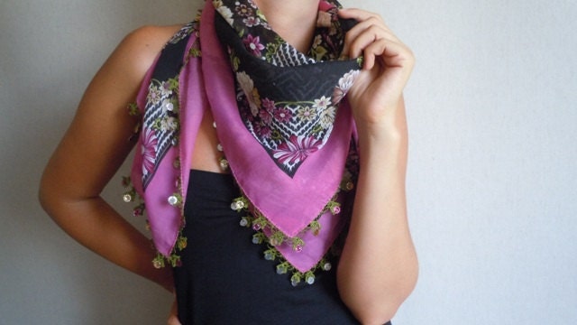Multicolor Turksih Yemeni-Black with Fushia and Green-Handmade Crochet Embroidery Lace-Handmade Oya-Woman-Turkish Traditional Scarf