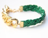 ON SALE: Arm candy - Gold Extra chunky chain with Green leather braid Bracelet - 24k gold plated