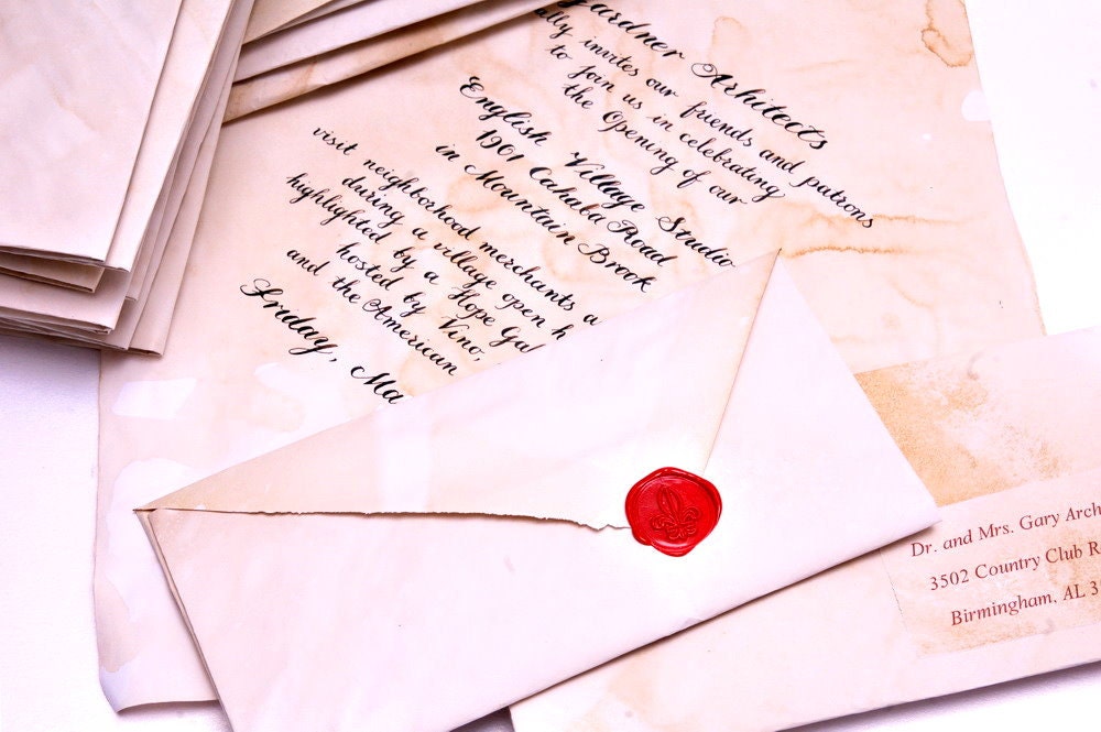 Wedding Invitations Vintage - Handmade Calligraphy with Wax- Made to order