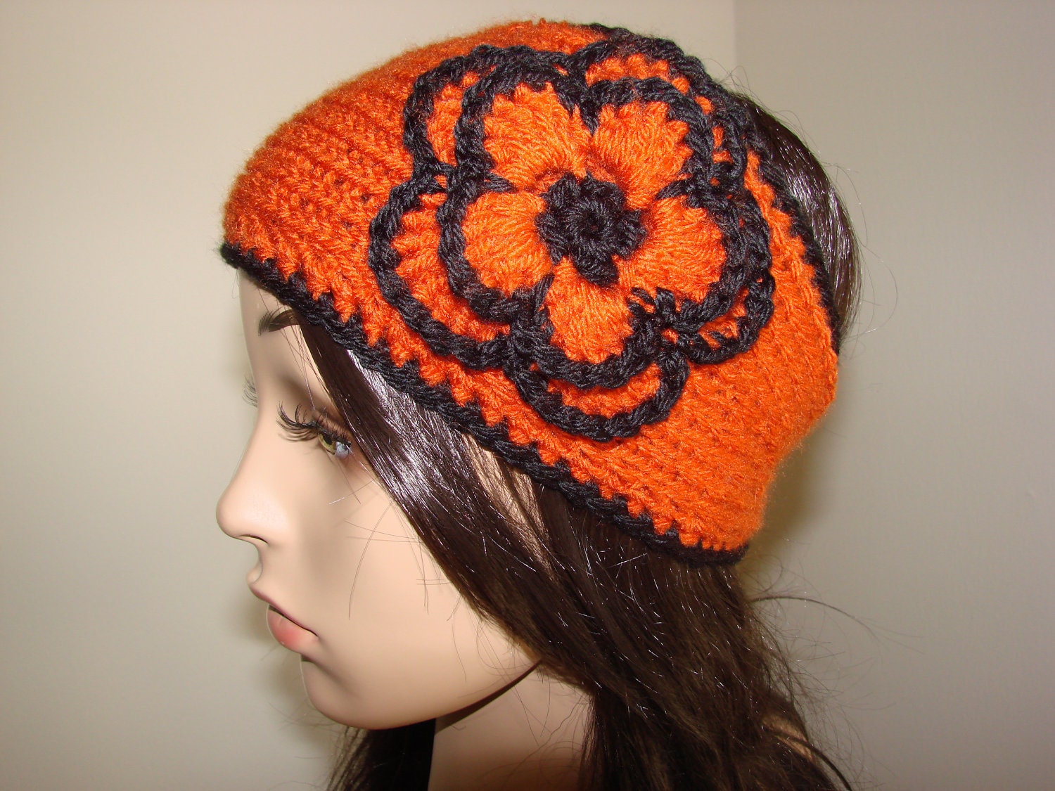 Black Orange Rust Pumpkin Fall halloween Handmaded Knit Headband Flower Crochet Headwrap Acrylic Woman Girl