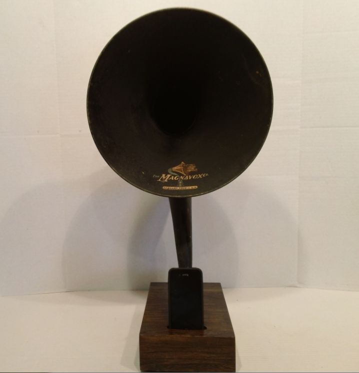 The Curved Magnavox Acoustic  iPhone Speaker Dock Utilizing a Vintage Antique   Gramophone Phonograph Horn -CUSTOM - MADE to ORDER-