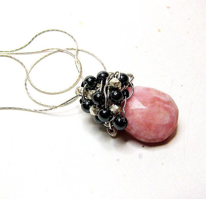 Peruvian pink opal necklace Grey gemstone beaded necklace Sterling silver Wire wrapped beaded jewelry Gemstone jewelry Mothers Day