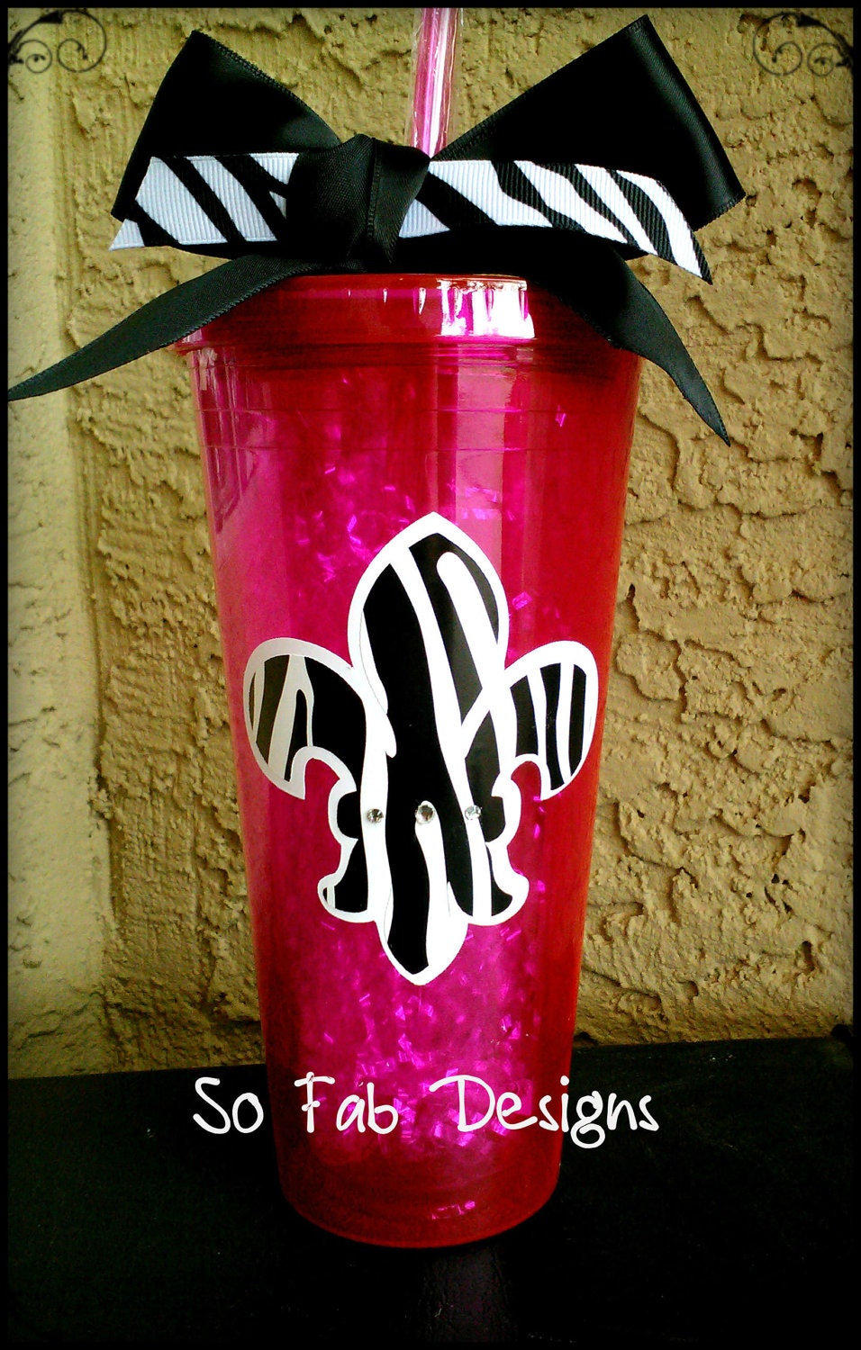 Customized Zebra Fleur de lis acrylic, BPA Free, Double walled screw on lid with straw cup