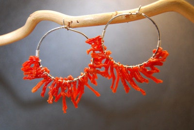 Cleopatra 35 Hammered hoops wrapped with Red Coral