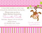Monkey Baby Shower Printable Invitation, Personalized Pink Monkey Girl Shower Invite, Monkey Baby Shower