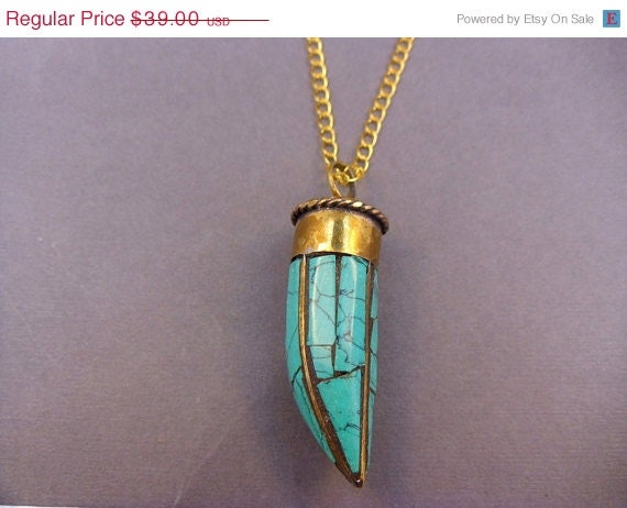 Tibetan Brass Turquoise Horn Necklace - Boho Celebrity Style