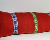 Long/Lumbar Pillow,  Red Pillow Case, Vintage Hand Woven/Embroidered Woolen Pillow Cover,
