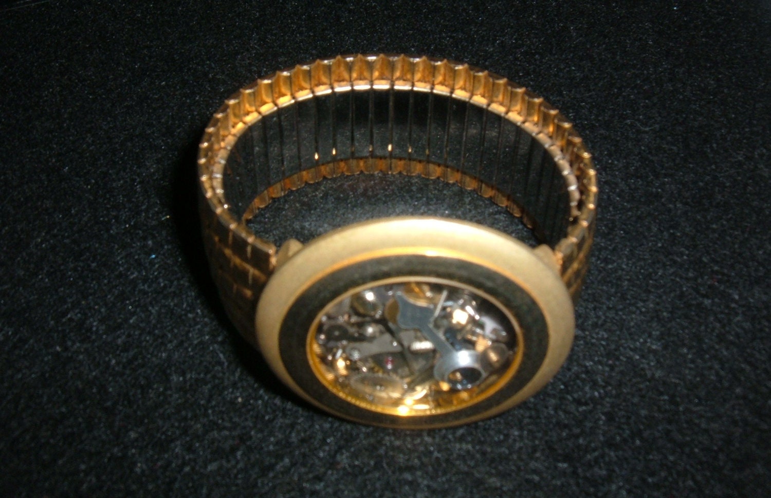 Retro,Upcycled, Watch Parts Bracelet, SteamPunk, Wide, Chunky, Gold-Tone Band OOAK