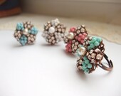 Cocktail Ring Trinity Beaded Rhinestone in Pastel Colors Adjustable Antique Copper Vintage Style Choose color
