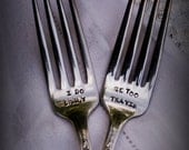 Vintage silver plated hand stamped personalized custom wedding forks I DO ME TOO