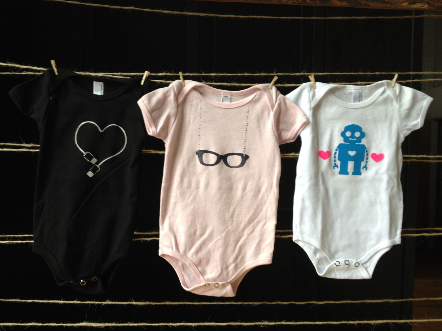 Girly Geek or Nerd 3 gift pack: Hand printed baby girl USB heart, granny glasses, and love robot designs