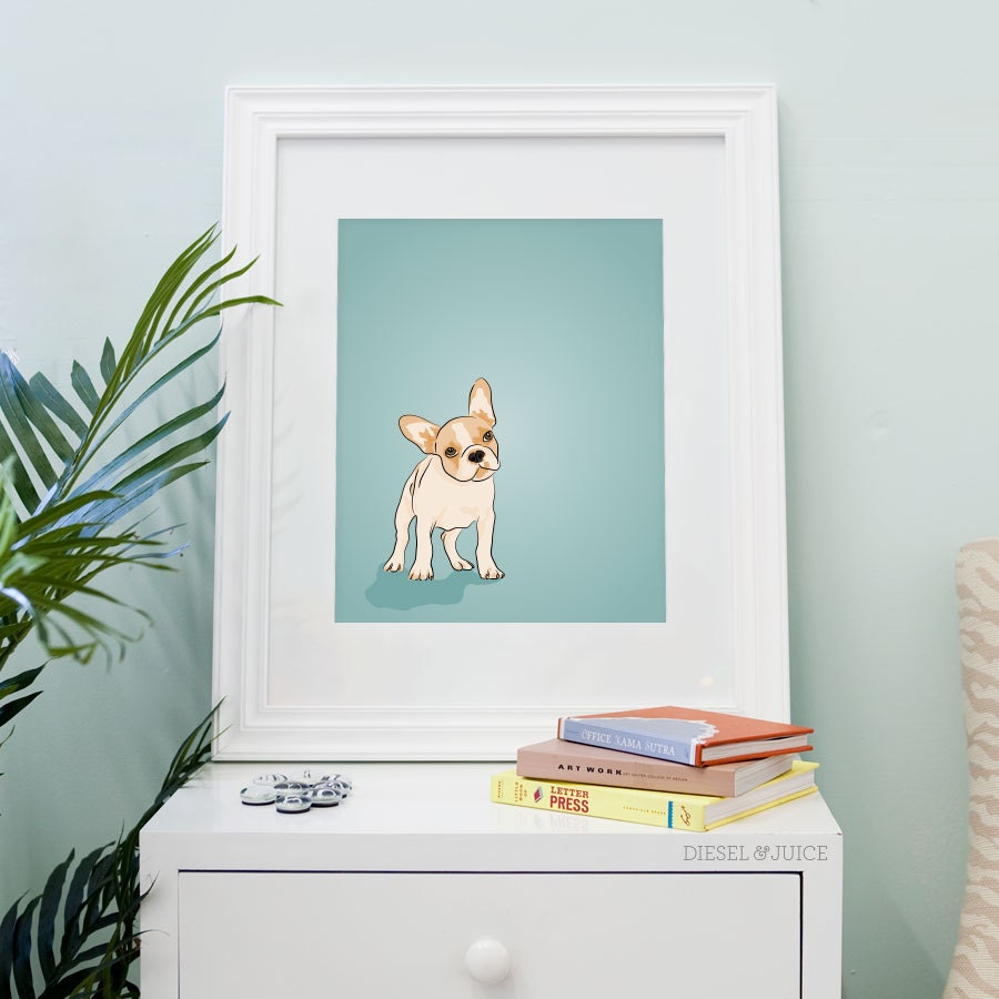 French Bulldog Puppy Portrait - Blue Digitally Illustrated - 8 x 10 Archival Matte Print
