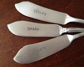 recycled silverware hand stamped  set of 3 cheese spreaders