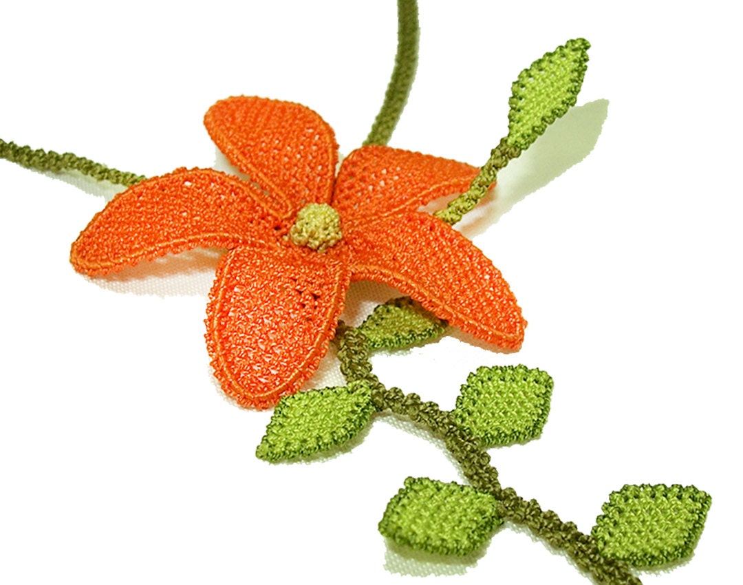 Retro lace necklace Pumpkin orange tangerine red necklace flower in lime green leaf tatted boho gypsy shabby cottage chic lace jewelry TAGT