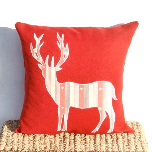 Deer Stag Cushion, Red Deer Linen Cushion Pillow, Cottage Chic, Country Décor