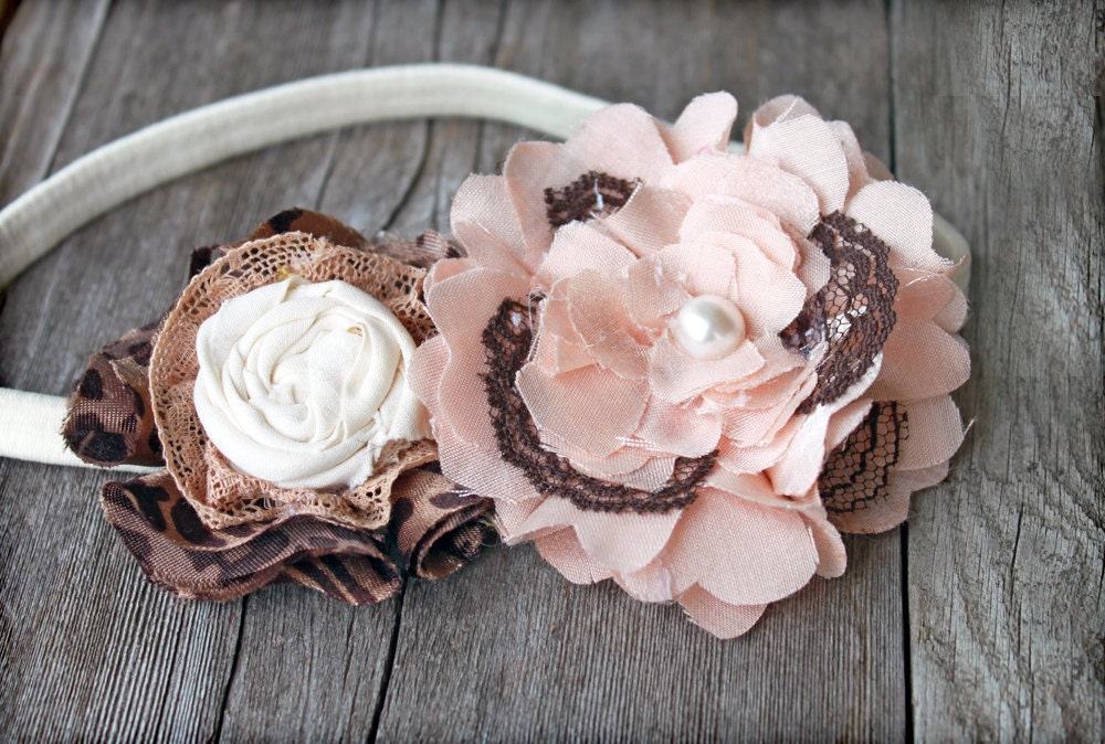 Leopard, Blush Headband, Light Pink Hair Accessory, Ivory, Brown Leopard Print Hair Bow, Hair Piece, Fabric Flowers, Baby Girl Hair Clip