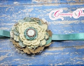 Vintage Hair Accessory, Fabric Flower Headband, Turquoise, Tan, Beige Girls Hair Bow, Ivory, Cream Fabric Flower Brooch