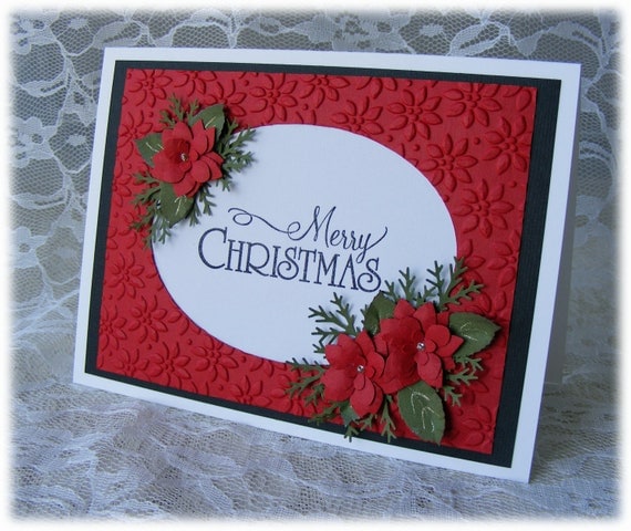 Handmade MERRY CHRISTMAS Card with stunning red 3D poinsettias - nuts4mccoy