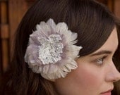 Ivory and Lavender Purple Feather Fascinator with Vintage Alencon Lace Center and Freshwater Pearls