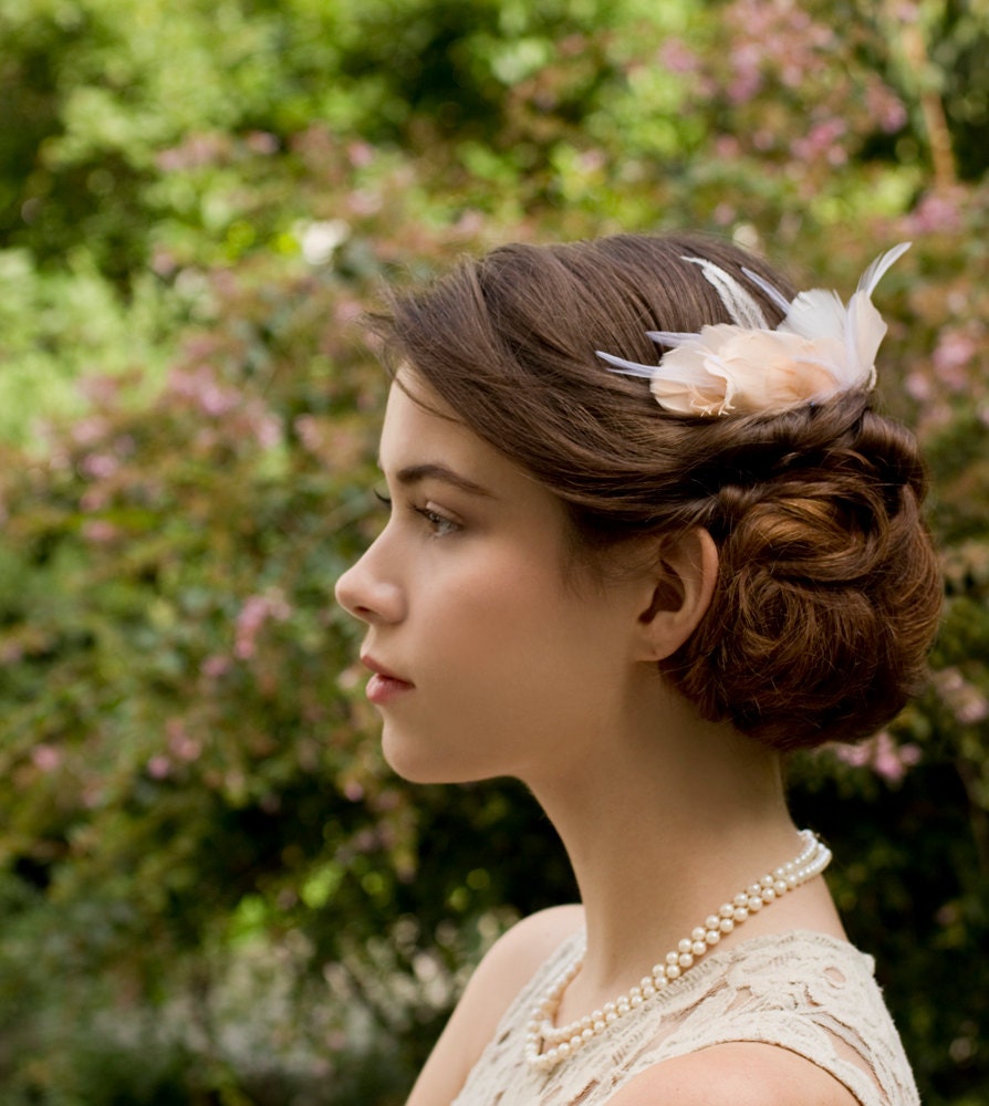 Blush Peach and Ivory Delicate Bridal Goose and Ostrich Feather Comb Fascinator
