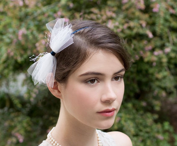 Navy Blue Ombre Headband Wrapped in Raw Silk with White Tulle Bow and Touch of Bridcage veil