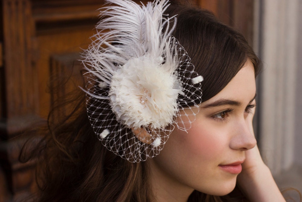 Ivory Ostrich Feather Birdcage Veil Fascinator Headpiece with Freshwater Pearls and Crystals