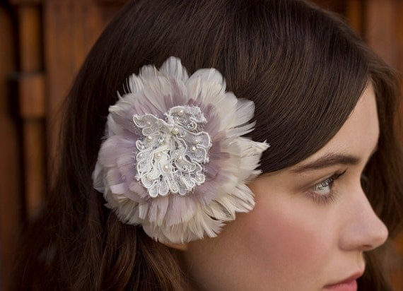 Ivory and Lavender Purple Feather Fascinator with Vintage Alencon Lace Center and Freshwater Pearls
