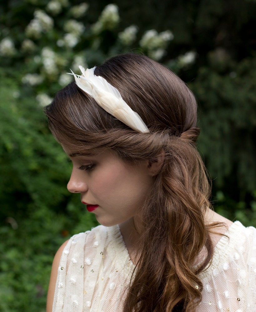 Ivory Cream Goose Feather Wedding Bridal Headband Hairpiece
