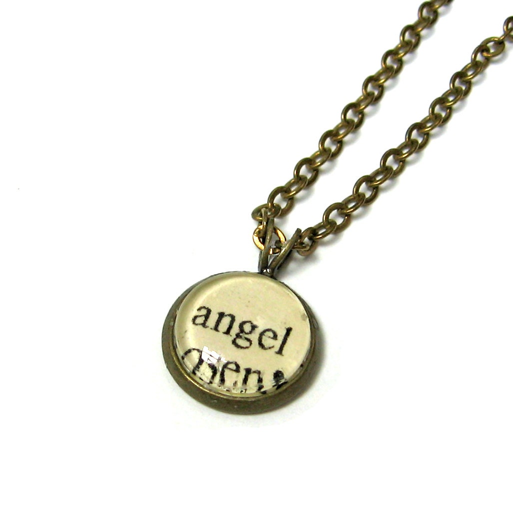 Angel Angelic  Word Mini Pendant Brass Setting Library Card Necklace One of a Kind